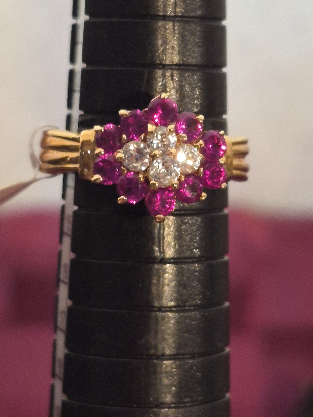 New Vintage Lindenwold Cluster Ring – Size 6.75 / 7 – Ruby Red & Clear Accents N